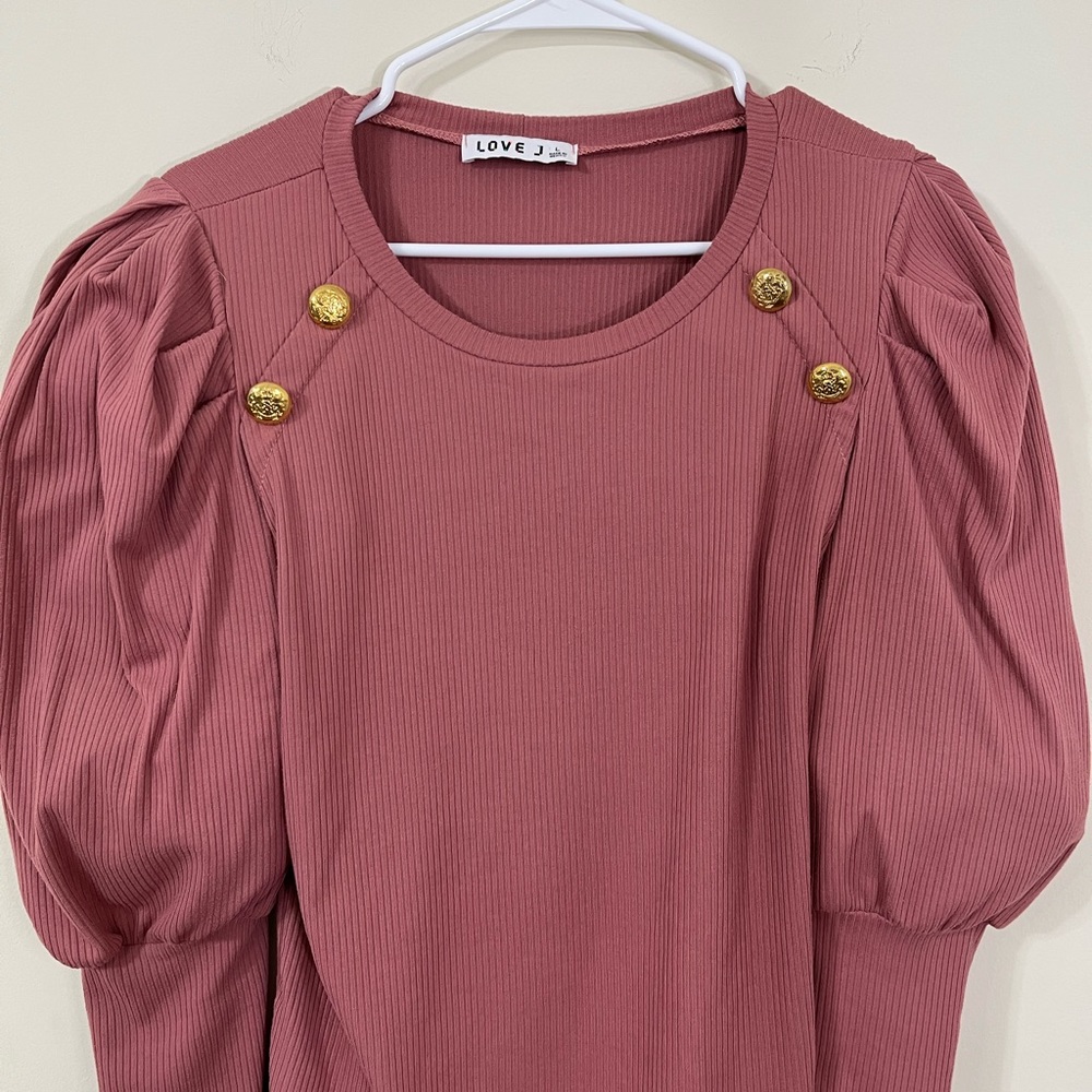 Love J Pink Ribbed Juliette Sleeve Button Long Sleeve Shirt - Picture 3 of 7